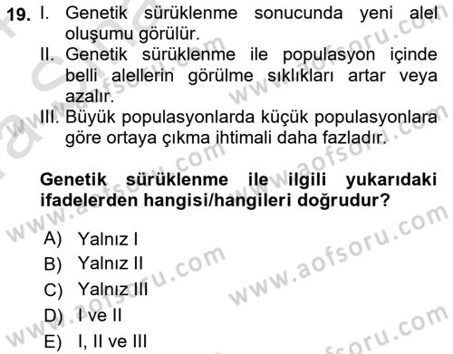 Genel Biyoloji Dersi Ara Sınavı Deneme Sınav Soruları 19. Soru