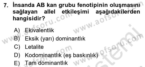 Genel Biyoloji Dersi Ara Sınavı Deneme Sınav Soruları 7. Soru
