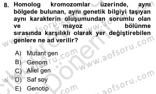 Genel Biyoloji Dersi Ara Sınavı Deneme Sınav Soruları 8. Soru