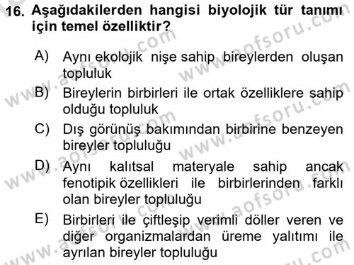 Genel Biyoloji Dersi Ara Sınavı Deneme Sınav Soruları 16. Soru