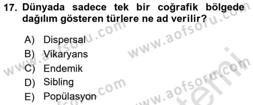 Genel Biyoloji Dersi Ara Sınavı Deneme Sınav Soruları 17. Soru
