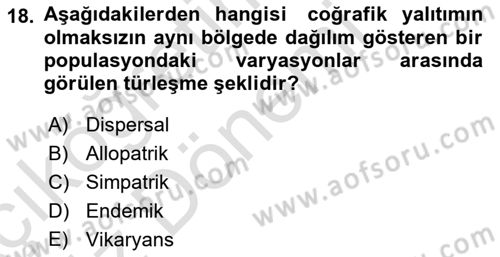 Genel Biyoloji Dersi Ara Sınavı Deneme Sınav Soruları 18. Soru