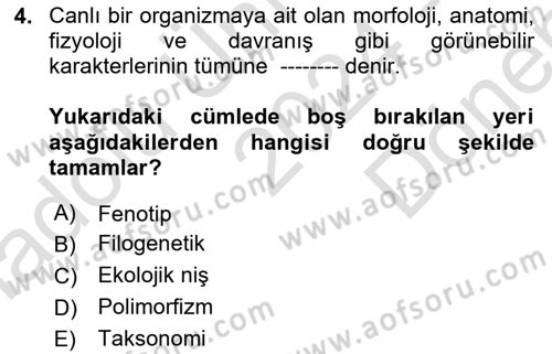 Genel Biyoloji Dersi 2024 - 2025 Yılı (Final) Dönem Sonu Sınav Soruları 4. Soru