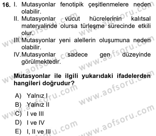Genel Biyoloji Dersi 2025 - 2026 Yılı (Vize) Ara Sınav Soruları 16. Soru