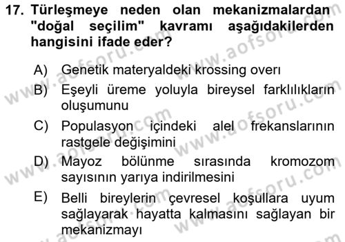 Genel Biyoloji Dersi 2025 - 2026 Yılı (Vize) Ara Sınav Soruları 17. Soru