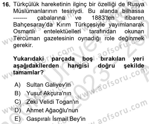Atatürk İlkeleri Ve İnkılap Tarihi 1 Dersi 2023 - 2024 Yılı (Vize) Ara Sınav Soruları 16. Soru