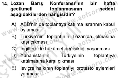 Atatürk İlkeleri Ve İnkılap Tarihi 1 Dersi 2024 - 2025 Yılı Yaz Okulu Sınav Soruları 14. Soru