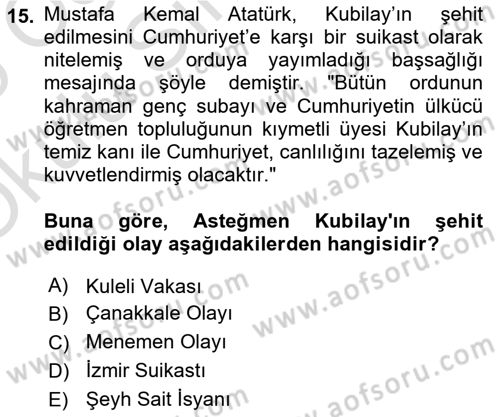 Atatürk İlkeleri Ve İnkılap Tarihi 1 Dersi 2024 - 2025 Yılı Yaz Okulu Sınav Soruları 15. Soru