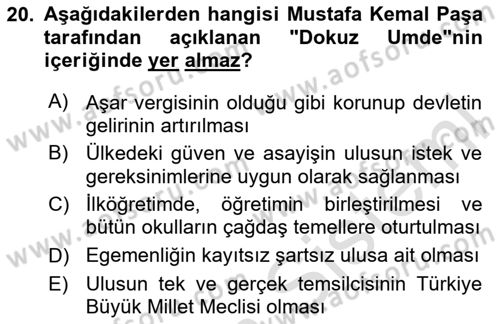 Atatürk İlkeleri Ve İnkılap Tarihi 1 Dersi 2024 - 2025 Yılı Yaz Okulu Sınav Soruları 20. Soru