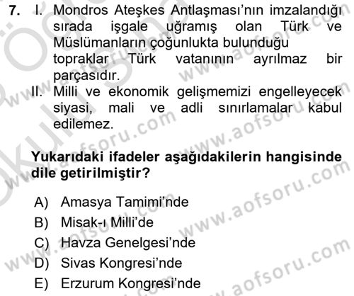 Atatürk İlkeleri Ve İnkılap Tarihi 1 Dersi 2024 - 2025 Yılı Yaz Okulu Sınav Soruları 7. Soru