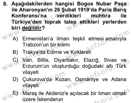 Atatürk İlkeleri Ve İnkılap Tarihi 1 Dersi 2024 - 2025 Yılı Yaz Okulu Sınav Soruları 8. Soru