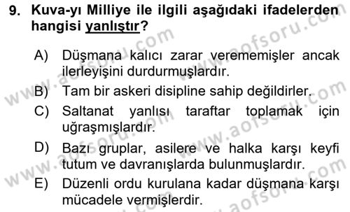 Atatürk İlkeleri Ve İnkılap Tarihi 1 Dersi 2024 - 2025 Yılı Yaz Okulu Sınav Soruları 9. Soru