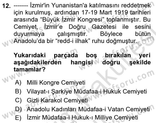 Atatürk İlkeleri Ve İnkılap Tarihi 1 Dersi 2025 - 2026 Yılı (Vize) Ara Sınav Soruları 12. Soru
