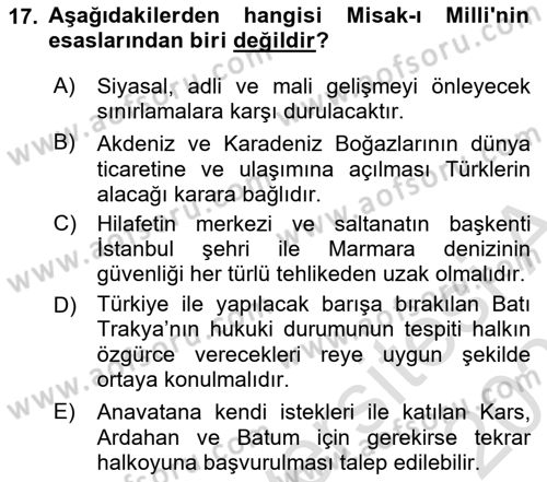 Atatürk İlkeleri Ve İnkılap Tarihi 1 Dersi 2025 - 2026 Yılı (Vize) Ara Sınav Soruları 17. Soru