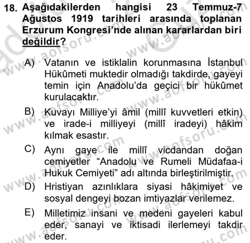 Atatürk İlkeleri Ve İnkılap Tarihi 1 Dersi 2025 - 2026 Yılı (Vize) Ara Sınav Soruları 18. Soru
