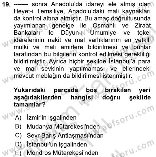 Atatürk İlkeleri Ve İnkılap Tarihi 1 Dersi 2025 - 2026 Yılı (Vize) Ara Sınav Soruları 19. Soru