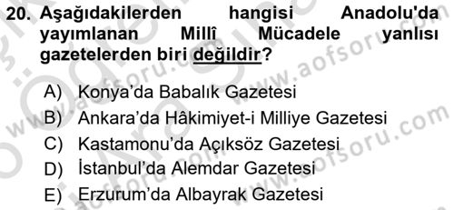 Atatürk İlkeleri Ve İnkılap Tarihi 1 Dersi 2025 - 2026 Yılı (Vize) Ara Sınav Soruları 20. Soru