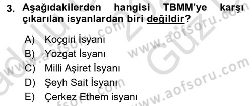 Atatürk İlkeleri Ve İnkılap Tarihi 1 Dersi 2025 - 2026 Yılı (Vize) Ara Sınav Soruları 3. Soru