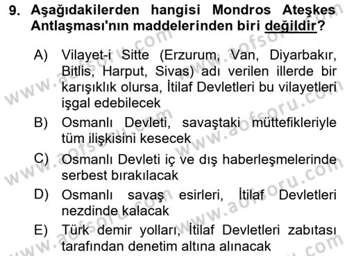Atatürk İlkeleri Ve İnkılap Tarihi 1 Dersi 2025 - 2026 Yılı (Vize) Ara Sınav Soruları 9. Soru