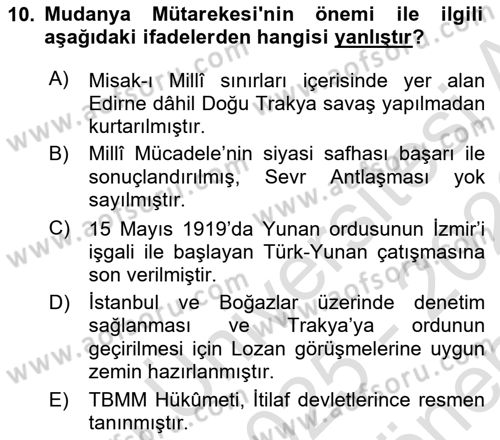Atatürk İlkeleri Ve İnkılap Tarihi 1 Dersi 2025 - 2026 Yılı (Final) Dönem Sonu Sınav Soruları 10. Soru