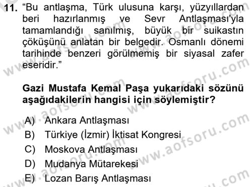 Atatürk İlkeleri Ve İnkılap Tarihi 1 Dersi 2025 - 2026 Yılı (Final) Dönem Sonu Sınav Soruları 11. Soru