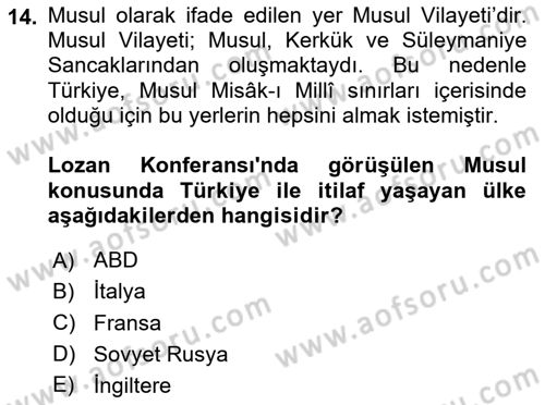 Atatürk İlkeleri Ve İnkılap Tarihi 1 Dersi 2025 - 2026 Yılı (Final) Dönem Sonu Sınav Soruları 14. Soru