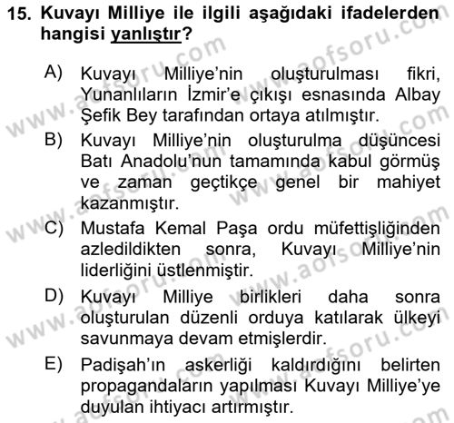 Atatürk İlkeleri Ve İnkılap Tarihi 1 Dersi 2025 - 2026 Yılı (Final) Dönem Sonu Sınav Soruları 15. Soru
