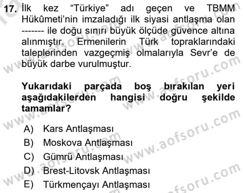 Atatürk İlkeleri Ve İnkılap Tarihi 1 Dersi 2025 - 2026 Yılı (Final) Dönem Sonu Sınav Soruları 17. Soru