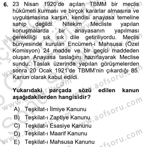 Atatürk İlkeleri Ve İnkılap Tarihi 1 Dersi 2025 - 2026 Yılı (Final) Dönem Sonu Sınav Soruları 6. Soru