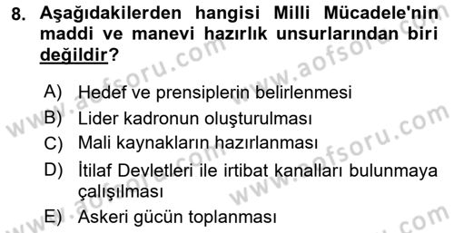 Atatürk İlkeleri Ve İnkılap Tarihi 1 Dersi 2025 - 2026 Yılı (Final) Dönem Sonu Sınav Soruları 8. Soru