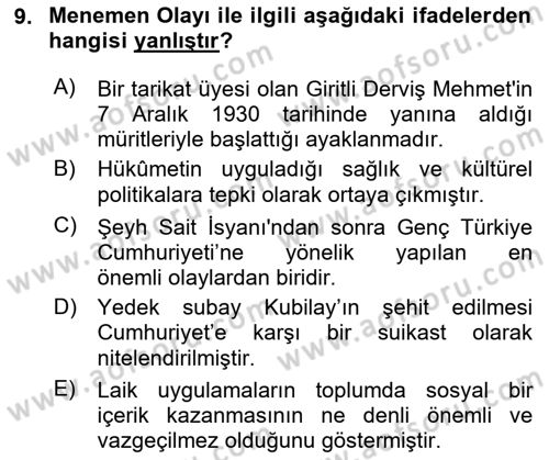Atatürk İlkeleri Ve İnkılap Tarihi 1 Dersi 2025 - 2026 Yılı (Final) Dönem Sonu Sınav Soruları 9. Soru