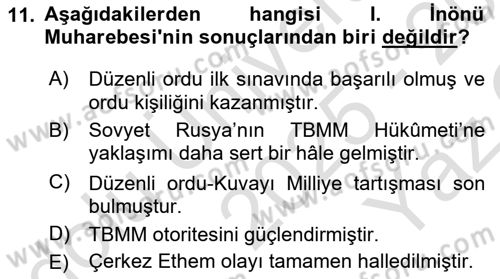 Atatürk İlkeleri Ve İnkılap Tarihi 1 Dersi 2025 - 2026 Yılı Yaz Okulu Sınav Soruları 11. Soru