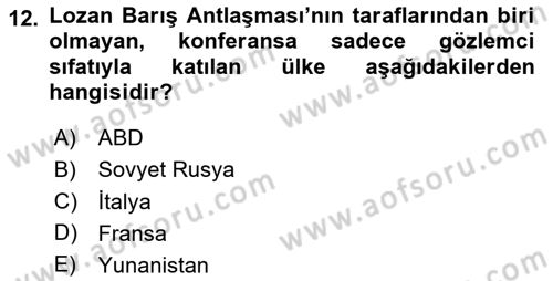 Atatürk İlkeleri Ve İnkılap Tarihi 1 Dersi 2025 - 2026 Yılı Yaz Okulu Sınav Soruları 12. Soru
