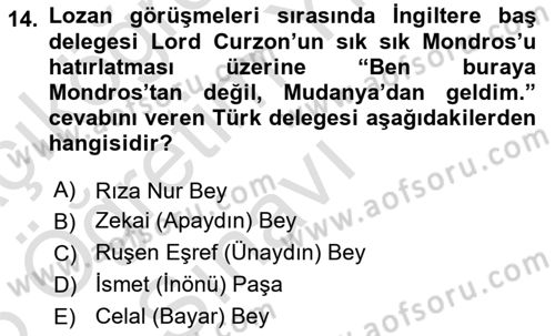 Atatürk İlkeleri Ve İnkılap Tarihi 1 Dersi 2025 - 2026 Yılı Yaz Okulu Sınav Soruları 14. Soru
