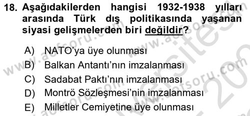 Atatürk İlkeleri Ve İnkılap Tarihi 1 Dersi 2025 - 2026 Yılı Yaz Okulu Sınav Soruları 18. Soru