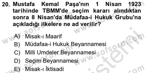 Atatürk İlkeleri Ve İnkılap Tarihi 1 Dersi 2025 - 2026 Yılı Yaz Okulu Sınav Soruları 20. Soru