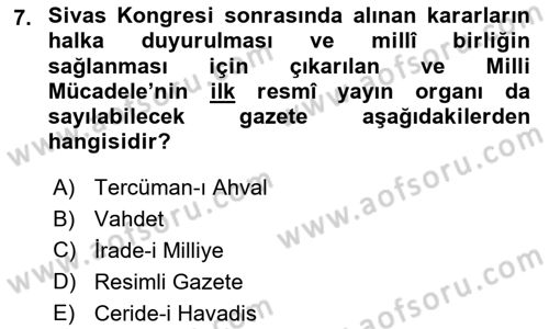 Atatürk İlkeleri Ve İnkılap Tarihi 1 Dersi 2025 - 2026 Yılı Yaz Okulu Sınav Soruları 7. Soru