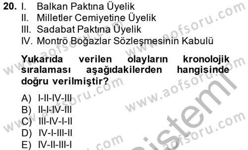 Atatürk İlkeleri Ve İnkılap Tarihi 2 Dersi 2013 - 2014 Yılı (Vize) Ara Sınav Soruları 20. Soru