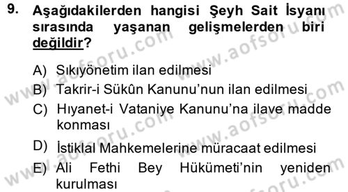 Atatürk İlkeleri Ve İnkılap Tarihi 2 Dersi 2013 - 2014 Yılı (Vize) Ara Sınav Soruları 9. Soru