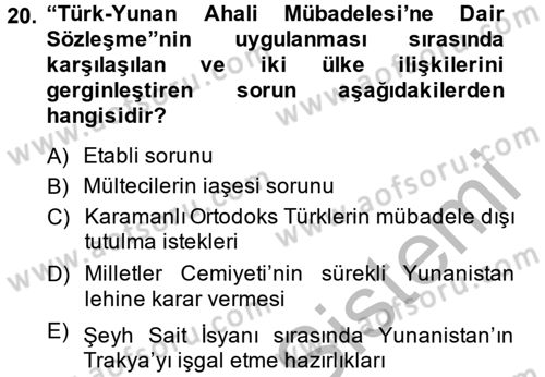 Atatürk İlkeleri Ve İnkılap Tarihi 2 Dersi 2014 - 2015 Yılı (Vize) Ara Sınav Soruları 20. Soru