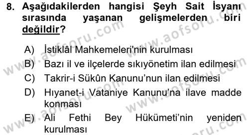 Atatürk İlkeleri Ve İnkılap Tarihi 2 Dersi 2015 - 2016 Yılı (Vize) Ara Sınav Soruları 8. Soru