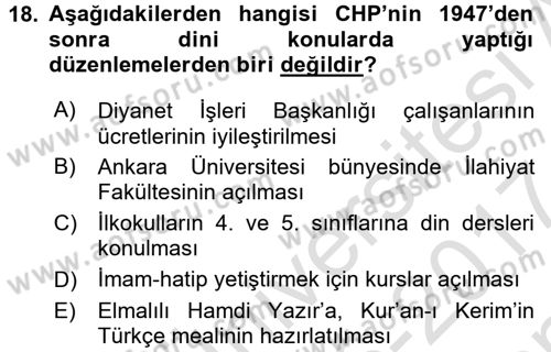 Atatürk İlkeleri Ve İnkılap Tarihi 2 Dersi 2016 - 2017 Yılı (Final) Dönem Sonu Sınav Soruları 18. Soru