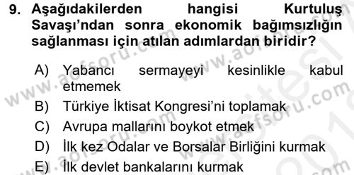 Atatürk İlkeleri Ve İnkılap Tarihi 2 Dersi 2017 - 2018 Yılı (Vize) Ara Sınav Soruları 9. Soru