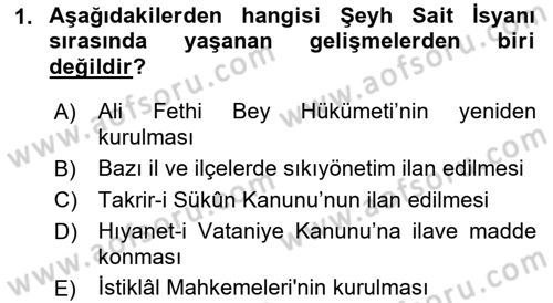 Atatürk İlkeleri Ve İnkılap Tarihi 2 Dersi 2018 - 2019 Yılı (Vize) Ara Sınav Soruları 1. Soru