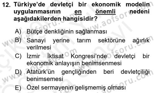 Atatürk İlkeleri Ve İnkılap Tarihi 2 Dersi 2018 - 2019 Yılı (Vize) Ara Sınav Soruları 12. Soru