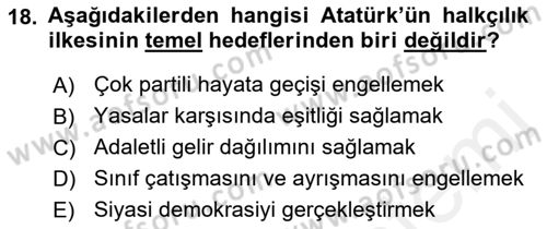 Atatürk İlkeleri Ve İnkılap Tarihi 2 Dersi 2018 - 2019 Yılı (Vize) Ara Sınav Soruları 18. Soru