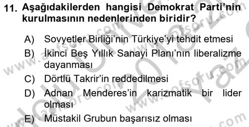 Atatürk İlkeleri Ve İnkılap Tarihi 2 Dersi 2018 - 2019 Yılı Yaz Okulu Sınav Soruları 11. Soru