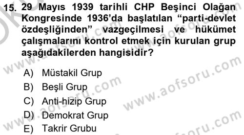 Atatürk İlkeleri Ve İnkılap Tarihi 2 Dersi 2018 - 2019 Yılı Yaz Okulu Sınav Soruları 15. Soru