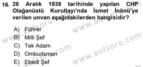 Atatürk İlkeleri Ve İnkılap Tarihi 2 Dersi 2018 - 2019 Yılı Yaz Okulu Sınav Soruları 16. Soru