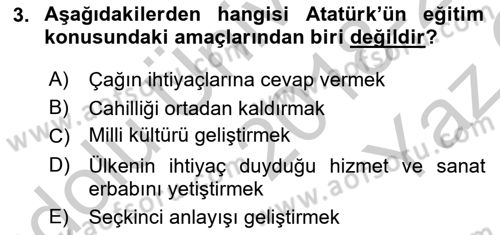 Atatürk İlkeleri Ve İnkılap Tarihi 2 Dersi 2018 - 2019 Yılı Yaz Okulu Sınav Soruları 3. Soru